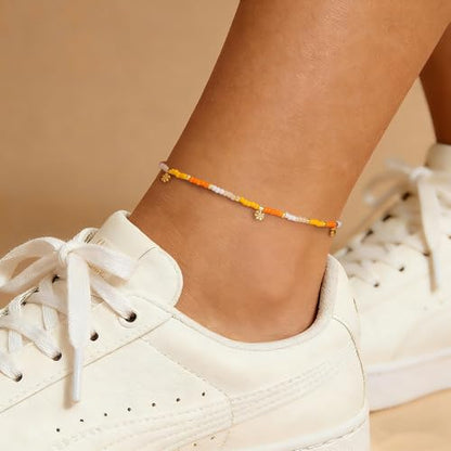 KissYan Beaded Ankle Bracelet for Women, Bead Anklet with Dangling Charm, Beach Waterproof Foot Jewelry Gifts for Her - color: Yellow