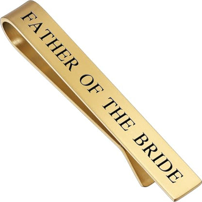 HAWSON Father of the Bride and Groom Tie Clip Best Man Skinny Stainless Steel Marriage Tie Bar Wedding Gift for Man - style: 2“-Golden-Father Of The Bride