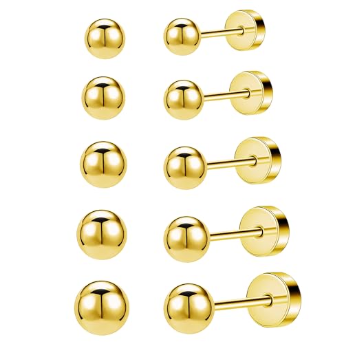 JINERA 5 Pairs Stud Earrings for Women 14K Plated Gold/Silver Pearl Ball Small Stud Earrings Set Cartilage Piercing Hypoallergenic Lightweight Flatback Earrings Jewelry Gifts for Women - color: 5 Pairs Flat Back Earrings - Gold