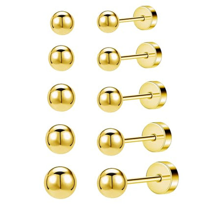 JINERA 5 Pairs Stud Earrings for Women 14K Plated Gold/Silver Pearl Ball Small Stud Earrings Set Cartilage Piercing Hypoallergenic Lightweight Flatback Earrings Jewelry Gifts for Women - color: 5 Pairs Flat Back Earrings - Gold