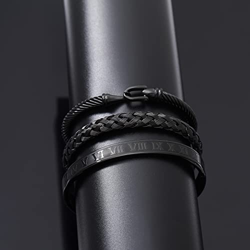 WFYOU 3PCS Stainless Steel Imperial Crown Bracelets for Men Gold Roman Numeral Bangle Bracelet Adjustable Cuff Bracelet Mens Luxury Jewelry Gifts - style: 07:Black-Hook