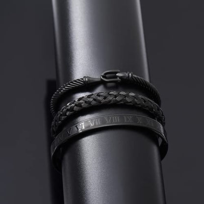 WFYOU 3PCS Stainless Steel Imperial Crown Bracelets for Men Gold Roman Numeral Bangle Bracelet Adjustable Cuff Bracelet Mens Luxury Jewelry Gifts - style: 07:Black-Hook
