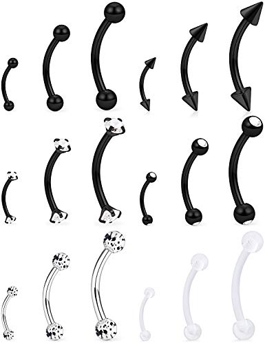 Lcolyoli 18pcs 16G Clear Bioflex Acrylic & Stainless Steel Eyebrow Barbell Rook Daith Earrings Belly Studs Cartilage Tragus Barbell Body Piercing Jewelry Retainer 6mm 8mm 10mm - color: B:18pcs/Black