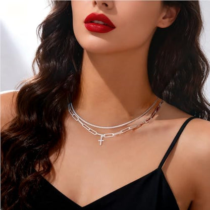 Cross Necklace 14K Silver Plated Dainty Small Pendant Choker Simple Trendy Cute Charm Chain Faith Jewelry Religious Minimalist Gift - style: 14 Silver Paperclip+Cross