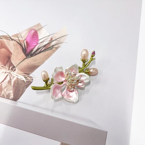 Elegant Peach Blossom Cz Brooch for Women Men Delicate Crystal Flower Faux Pearl Enamel Lapel Pins Dress Coats Scarves Accessories Wedding Party Prom Fashion Jewelry