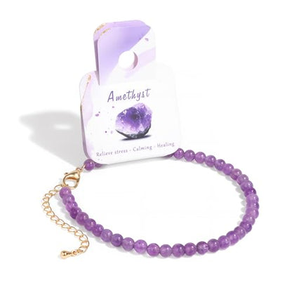 Natural Stone Beaded Anklets for Women, Handmade Boho Clear Quartz 4mm Crystal Beads Anklet, Gold Chain Adjustable Ankles Bracelet, Beach Summer Jewelry Gemstone Foot Bracelet Gift - color: Amethyst