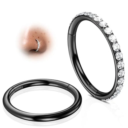 2Pcs Nose Ring Hoop Set: 14G 16G 18G 20G 316L Surgical Steel Septum Rings Hypoallergenic Body Jewelry 6/7/8/9/10/12MM Cartilage Earrings for Women Men - color: Black-Single+Single CZ