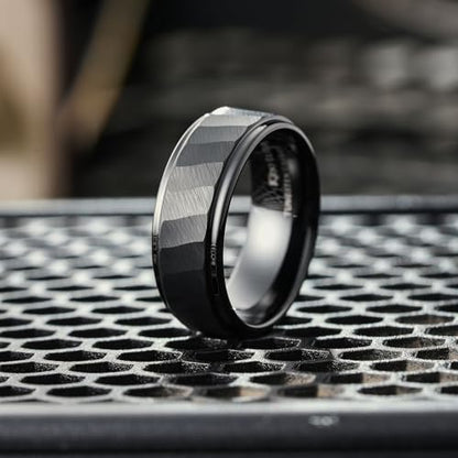 King Will Classic Tungsten Carbide Ring Brushed Two Grooved Center Hammered Design Mens Wedding Band for Men | Black/Silver/Gold, 8mm, Men's Wedding Band, Grooved, Comfort Fit, Everyday Wear - color: D-Black Hammerd Design