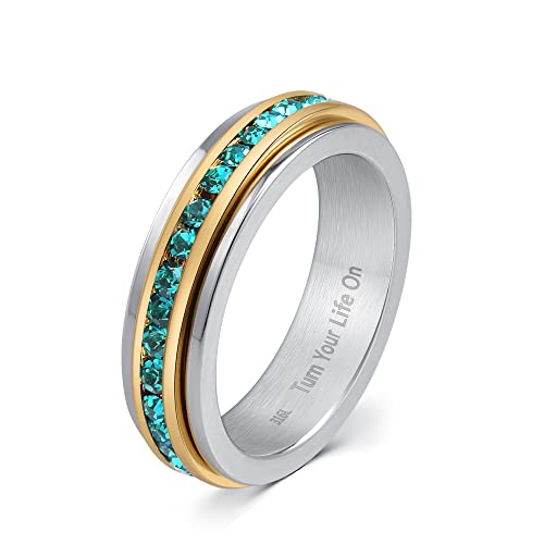 Muses Art Design Fidget Rings, Anxiety Rings, Spinner Rings, Band Rings with Birthstone, Stainless Steel, Women and Men, Meditation Rings, Thumb Rings, Stress Relieving and Anxiety Reducing - color: December - Blue Zircon