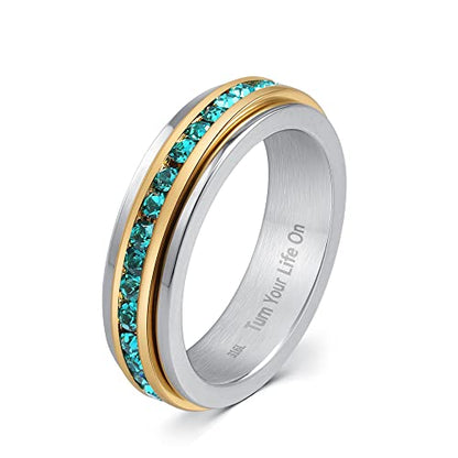 Muses Art Design Fidget Rings, Anxiety Rings, Spinner Rings, Band Rings with Birthstone, Stainless Steel, Women and Men, Meditation Rings, Thumb Rings, Stress Relieving and Anxiety Reducing - color: December - Blue Zircon