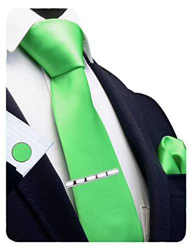 GUSLESON New 3.15"（8cm） Solid Color Necktie and Pocket Square Cufflinks Clip Set - color: Lime Green