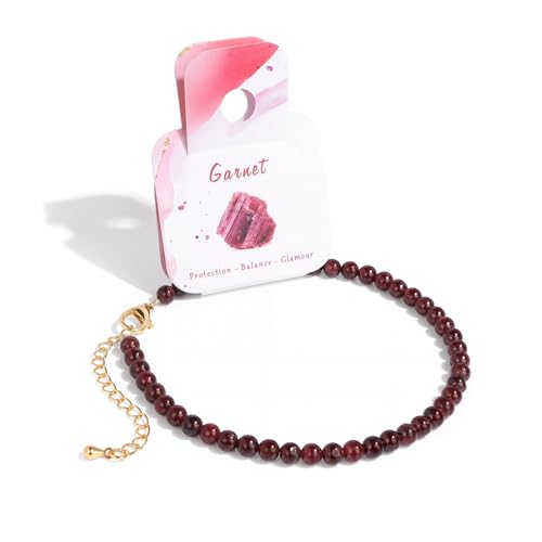 Natural Stone Beaded Anklets for Women, Handmade Boho Clear Quartz 4mm Crystal Beads Anklet, Gold Chain Adjustable Ankles Bracelet, Beach Summer Jewelry Gemstone Foot Bracelet Gift - color: Garnet