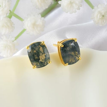 Women's 18K Gold Plated 8x10mm Princess Cut Gemstone Stud Earrings – Birthstone Jewelry for Her – Classic Cushion Studs - color: Moss Agate
