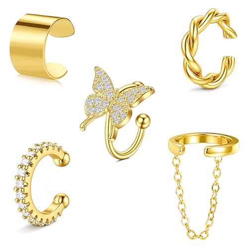 JFORYOU Stainless Steel Ear Cuff Fake Helix Cartilage Clip On Wrap Earrings Fake Lip Ring Non-Piercing Adjustable Men Women - color: Style G-Gold