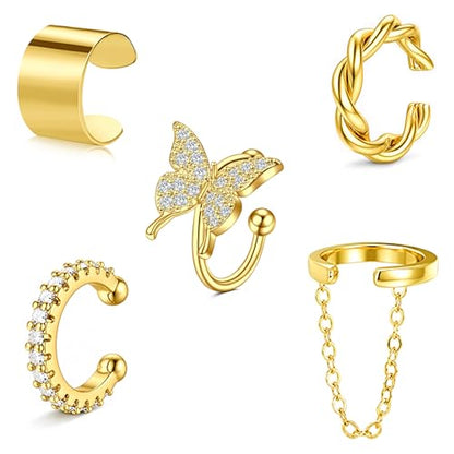 JFORYOU Stainless Steel Ear Cuff Fake Helix Cartilage Clip On Wrap Earrings Fake Lip Ring Non-Piercing Adjustable Men Women - color: Style G-Gold