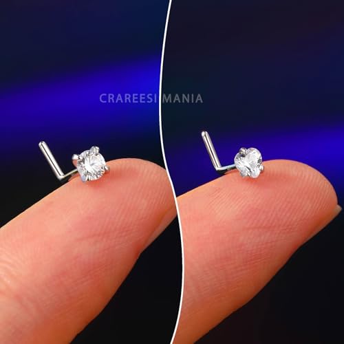 14K Real Gold Nose Studs 20G Nose Rings Studs L Shaped Nose Rings for Women Men Diamond CZ Nose Piercing - color: White Gold-Heart CLCZ