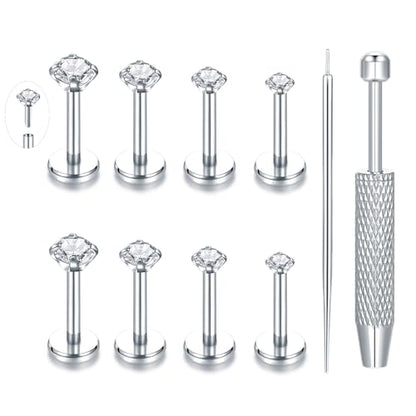 Oveta Threadless Push in Lip Rings 16G/18G/20G Labret Jewelry CZ Lip Studs Stainless Steel Cartilage Earrings for Women Monroe Medusa Piercing Jewelry 6/7/8/10/12mm Bar Length - color: Silver, size: 18G*6/8/10/12mm bar
