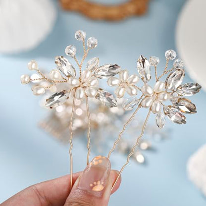 Wedding Hair Accessories Crystal bridal hair pins Rhinestone Pearl hair comb Brides and Bridesmaids, Girls, Women(Gold) - color: Gold