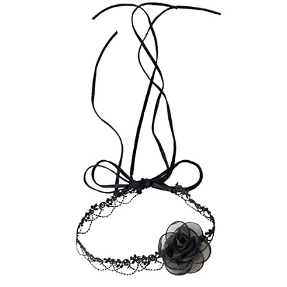 Black Choker Camellia Flower Lace-up Necklace For Women - color: BLACK2