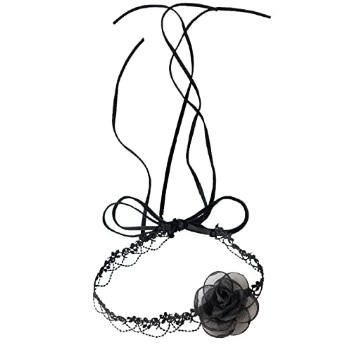 Black Choker Camellia Flower Lace-up Necklace For Women - color: BLACK2