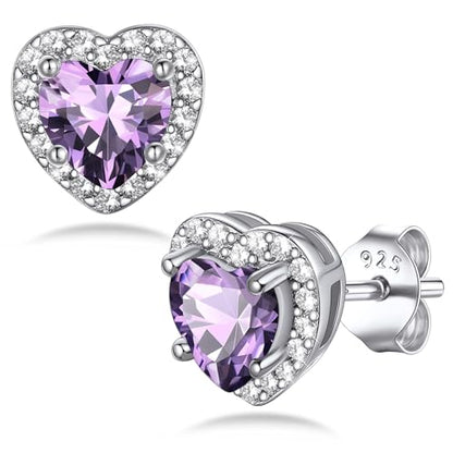 Bestyle Sparkling 925 Sterling Silver Birthstone Stud Earrings for Women, Heart/Round/Teardrop/Square Solitaire Diamond Studs Earrings, Great Birthday/Christmas Gifts - style: 02. Purple Amethyst-Feb.-heart
