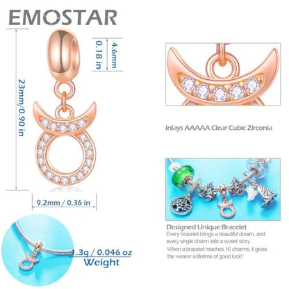 EMOSTAR Zodiac Sign Charms fits European Charm Bracelet – Rose Gold 925 Sterling Silver Necklace Pendant, 12 Horoscope Constellation Dangle CZ Birthstone Beads, Gifts for Women/Men/Birthday - color: Taurus (4.20 – 5.20)