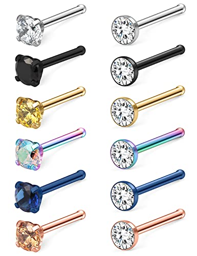 Cisyozi 18G 20G 22G Nose Rings and Studs - 316L Surgical Steel Hypoallergenic Piercing Jewelry for Women Men - L Shaped Straight Nostril Screw - Diamond CZ 1.5mm 2mm 2.5mm 3mm 12Pcs - style: Straight Bars-22G-CZ 1.5mm