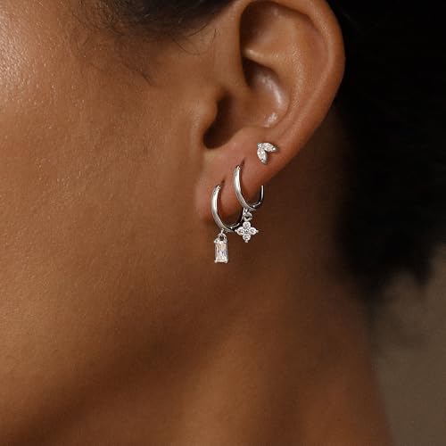 Sterling Silver Earrings Stacks for Women, Hypoallergenic Cartilage Earring | Dainty Stud Huggie Hoop Dangle Chain Earrings, 14K Gold/White Gold Plated - color: 3Pairs-Square CZ Set-Silver