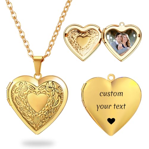 PHOCKSIN Personalized Locket Necklace for Women Photo Necklace with Customized Picture Birth Flower Birthstone Customizable Birthday Gifts - color: #09-Heart Gold Flower