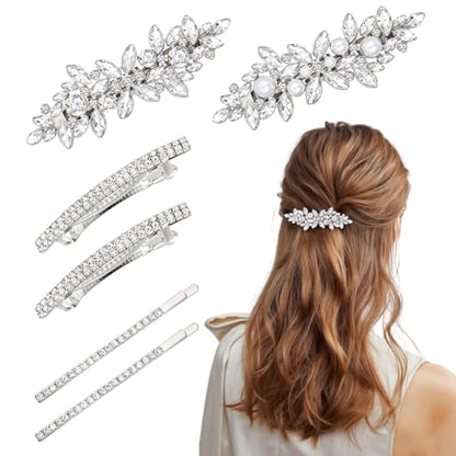 6 PCS Rhinestone Hair Clips for Women Pearl Wedding Hair Clips | CWJCYTNSN Rhinestones Hair Barrette White Pearl Hair Clips Strong Holders Lightweight No-Slip