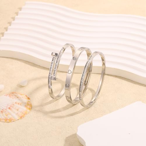 Camhanno Stackable Silver Bracelets for Women Stainless Steel Love & Friendship Bangle, Mothers Day Valentines Birthday Christmas Jewelry Gifts for Mom Her Wife Grandma - style: Style 15