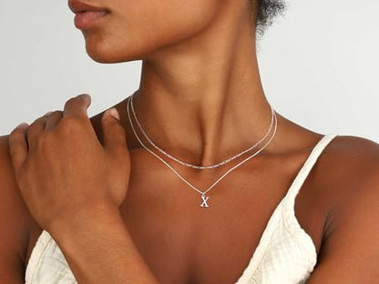 MBW Dainty Silver Layered Initial A-Z Pendant Necklaces for Women Thin | Simple Waterproof 925 Silver Plated Necklace Figaro Choker Monogram Name Jewelry Set Personalized - color: Silver InitIal NK-X