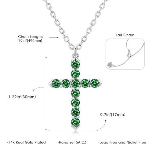 Cross Necklace for Women, Silver Cross Pendant Necklaces | 14K Gold Plated, Dainty CZ Cross Necklace, Non Tarnish and Hypoallergenic Jewelry for Women, Christian Religious Faith Gifts - color: A-Emerald Green-Silver