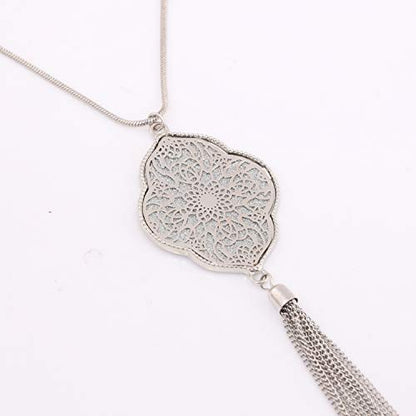 MOLOCH Long Necklaces For Woman Disk Circle Pendant Necklaces Tassel Fringe Necklace Set Statement Pendant - color: quatrefoil-shaped-silver