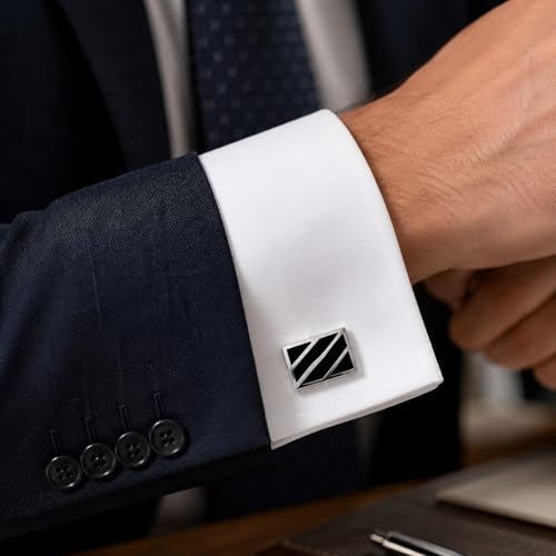 LUOZZY 2pair French Cufflinks for Men Luxury Silver Plated Rectangle Shirt Studs Classic Black Enamel Diagonal Stripes Business Tuxedo Suit Accessories Modern Grooved Line Set
