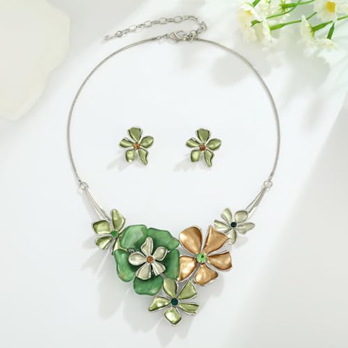Chunky Statement Jewelry Set Vintage Retro Leaf Flower Floral Geometric Bohemian Boho Bib Necklace Earring Set Fashion Costume Jewelry for Women Girls Wedding Party Prom Unique Gift - style: 5 petal flower JS silver green