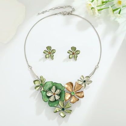 Chunky Statement Jewelry Set Vintage Retro Leaf Flower Floral Geometric Bohemian Boho Bib Necklace Earring Set Fashion Costume Jewelry for Women Girls Wedding Party Prom Unique Gift - style: 5 petal flower JS silver green