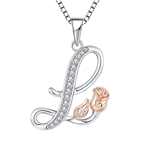 STARCHENIE Initial Necklace for Women Sterling Silver Letters 26 Alphabet Pendant Rose Flower Jewelry Gifts for Family Sisters Friend - color: L