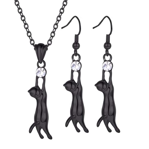 U7 Cat Pendant Necklace for Women Stainless Steel Cute Kitty Cat Jewelry Gift - style: Black (Necklace+Earrings)