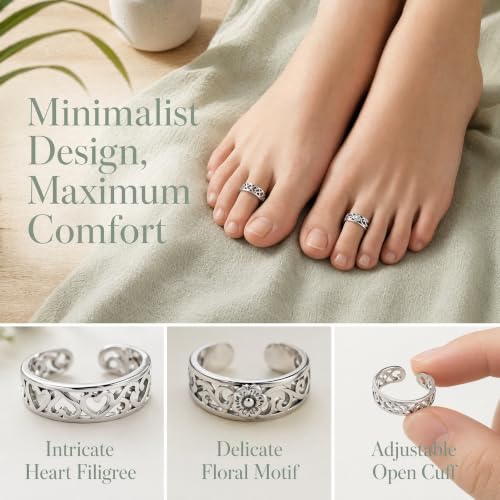 2PCS Toe Rings For Women, Adjustable Silver Toe Ring, Open Cuff Daisy Moonstone Band, Beach Foot Jewelry Set