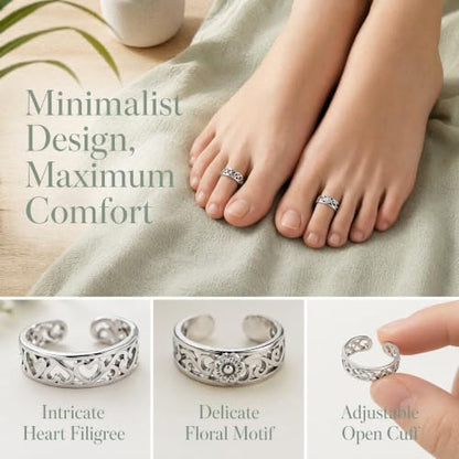 2PCS Toe Rings For Women, Adjustable Silver Toe Ring, Open Cuff Daisy Moonstone Band, Beach Foot Jewelry Set