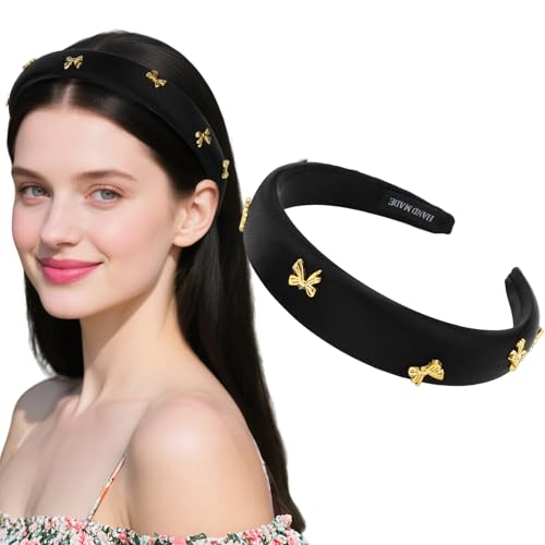 CURASA Padded Headband For Women Cute Non Slip Head Band Soft Sponge Hairband Black Trendy Satin Hairbands Fashion Gold Metal Bow Decorative Hair Hoop Comfortable Elastic Yoga Hair Accessories