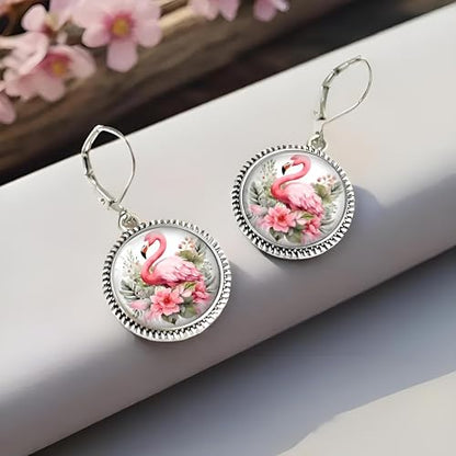 Flamingo Jewelry Set with Pink Crystal, 4-Piece Silver Teardrop Design, Necklace Bracelet Earrings Ring