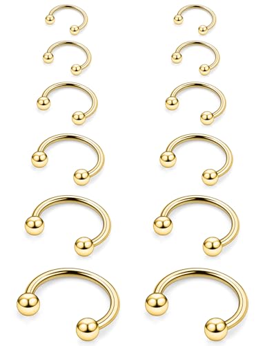 12G 14G 16G Horseshoe Septum Nose Ring Piercing Jewelry Surgical Steel Circular Barbell Daith Rook Earring Smiley Snake Bite Lip Ring Piercing Jewelry for Women Men Balls Silver Black Gold - color: Gold, size: 14G