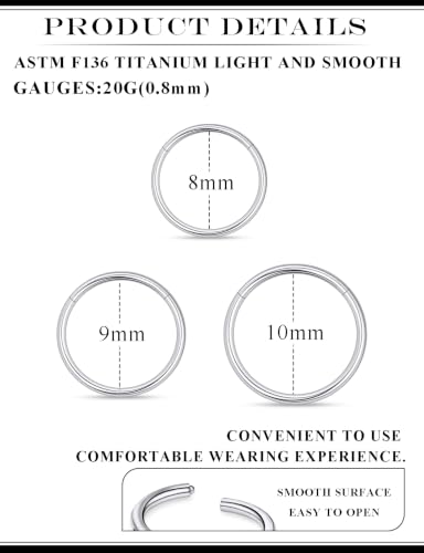 20G 18G 16G 14G Nose Rings Hoops Astm F136 Titanium Clicker Septum Jewelry Lip Ring Tragus Helix Daith Rook Conch Snug Cartilage Lobe Earrings Hoop Piercing Jewelry For Women Men Silver - size: 20G-8MM-9MM-10MM