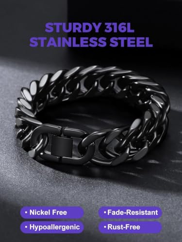 Richsteel Mens Cuban Link Bracelets, Silver/Black/14K Gold Plated Stainless Steel Bracelet for Men 8/12/17mm Width, 7.4/8.2/9 Inch Length Chain Wrist Bracelets With Gifts Box - style: 09-Black 17mm Width