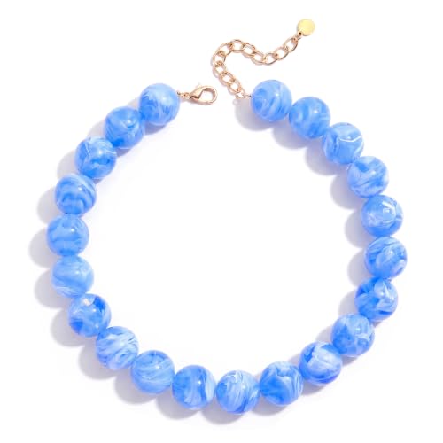 Chunky Beaded Necklace for Women Trendy Boho Collar Statement Necklace Large Round Resin Beads Choker Necklaces Summer Beach Jewelry Gifts - color: Clear Blue