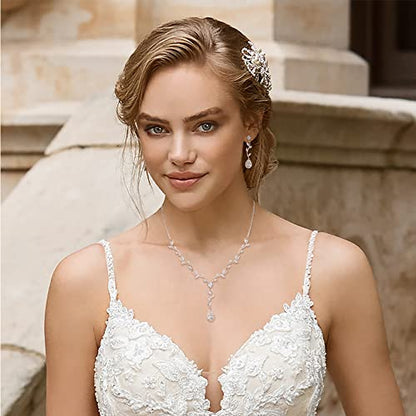 Crysdue Women's Wedding Bridal Jewelry Set for Brides Bridesmaids Cubic Zirconia Flower Leaf Vine Necklace Dangle Earrings for Prom Party - style: 5-silver