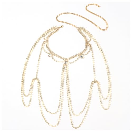 Sexy Rhinestone Shoulder Body Chain Jewelry,Multi-layered Waterdrop Rhinestone Bridal Back Chain Necklace Sexy Festival Rave Crystal Shoulder Chain Wedding Backdrop Jewelry for Women - style: Gold