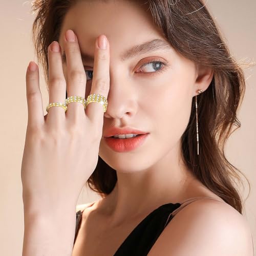 Kucheed 3PCS Rhinestone Stretch Ring, Fashion Crystal Stackable Finger Rings Set, Cute Toe Ring Body Jewelry, Silver Diamond Elastic Band Ring Accessories, Sparkly Thumb Pinky Ring for Women - color: Gold